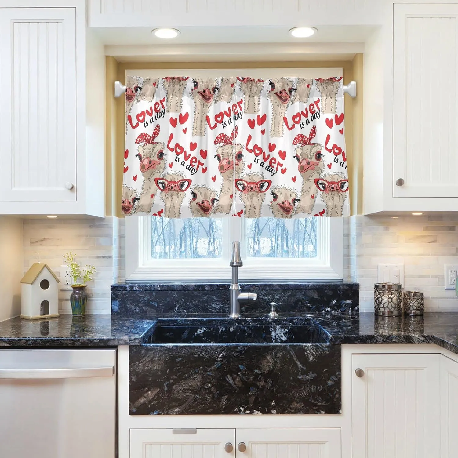 Ostriches with Red Glasses Hairpins Lover is a Day Letterings 2 Panels Kitchen Small Window Curtains, Tier Curtains Rod Pocket Half Short Curtains Blackout Cafe Drapes One Image 27x36 in
