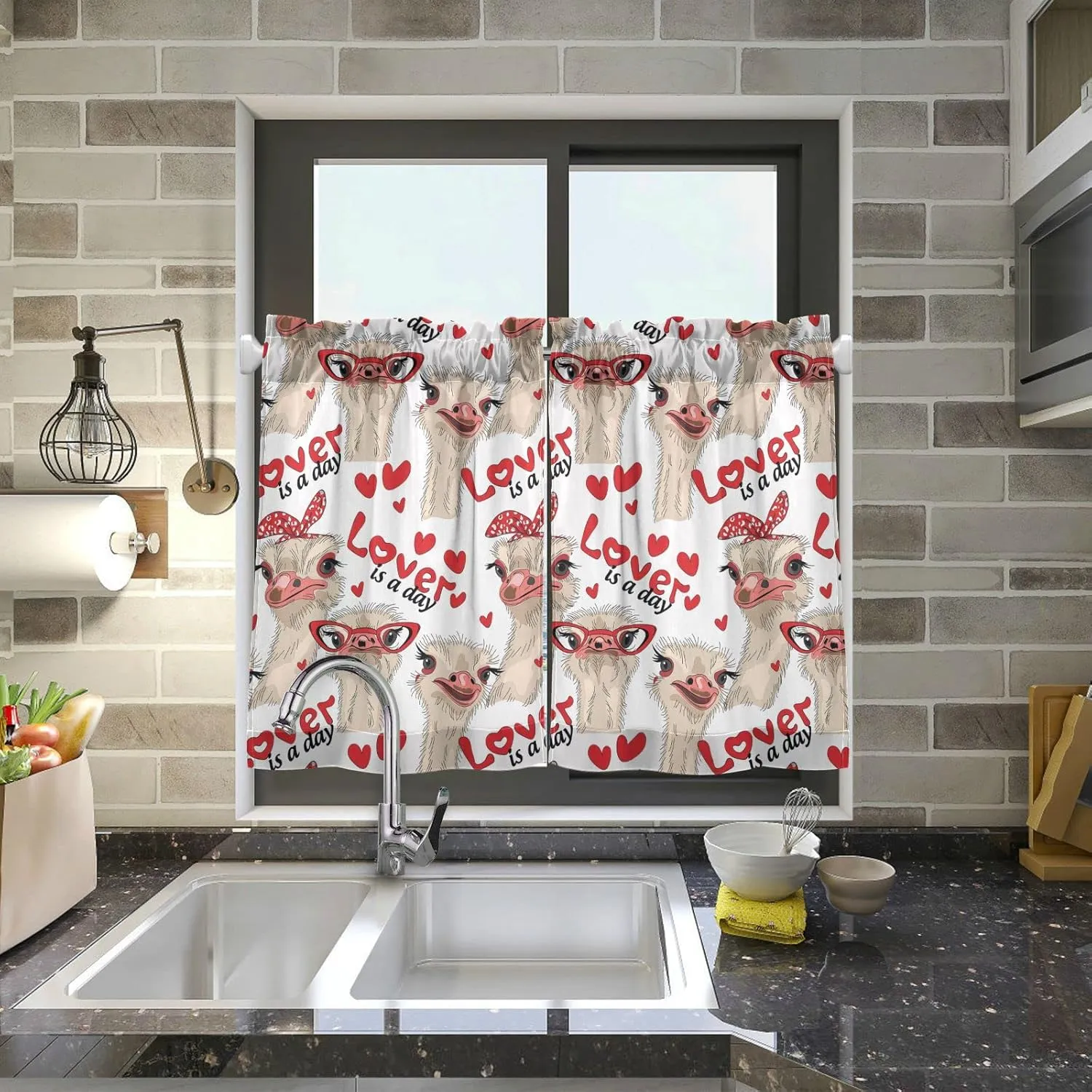 Ostriches with Red Glasses Hairpins Lover is a Day Letterings 2 Panels Kitchen Small Window Curtains, Tier Curtains Rod Pocket Half Short Curtains Blackout Cafe Drapes One Image 27x36 in