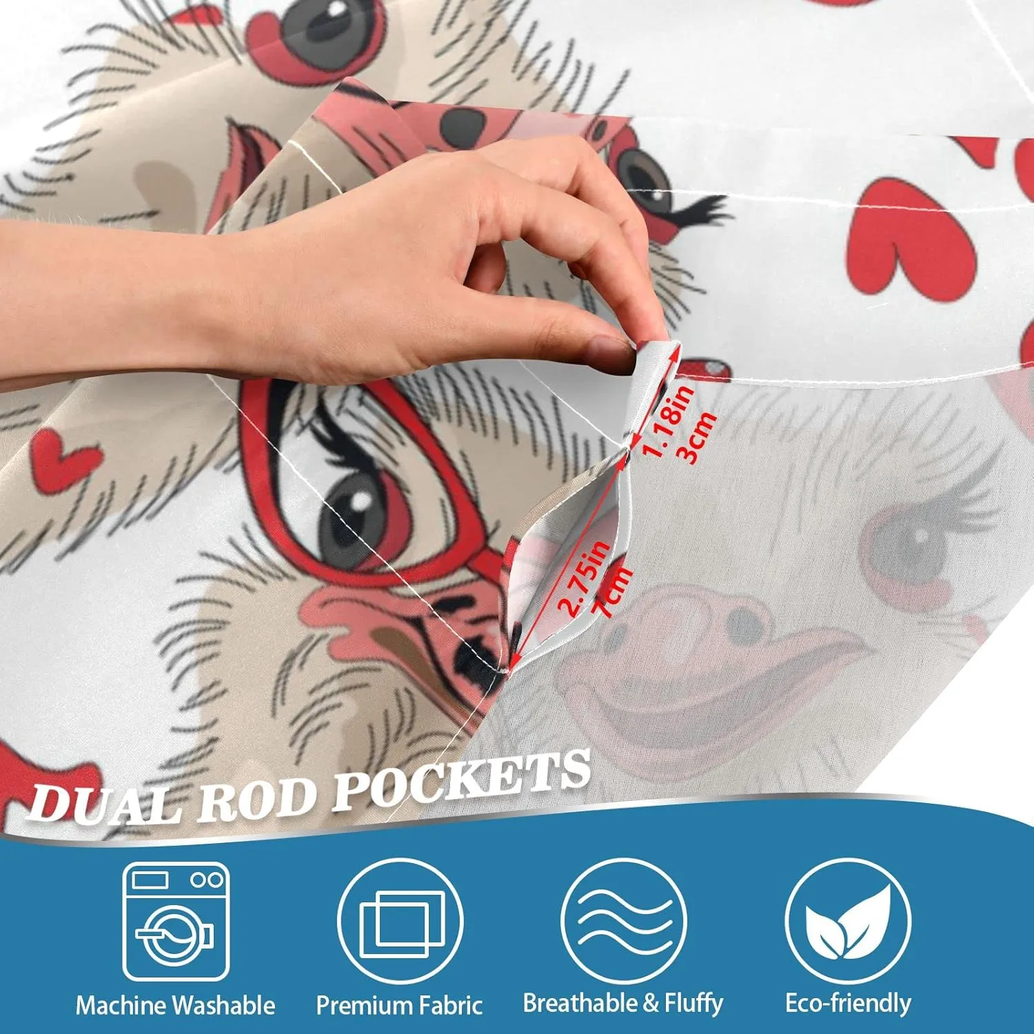 Ostriches with Red Glasses Hairpins Lover is a Day Letterings 2 Panels Kitchen Small Window Curtains, Tier Curtains Rod Pocket Half Short Curtains Blackout Cafe Drapes One Image 27x36 in