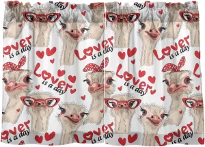 Ostriches with Red Glasses Hairpins Lover is a Day Letterings 2 Panels Kitchen Small Window Curtains, Tier Curtains Rod Pocket Half Short Curtains Blackout Cafe Drapes One Image 27x36 in