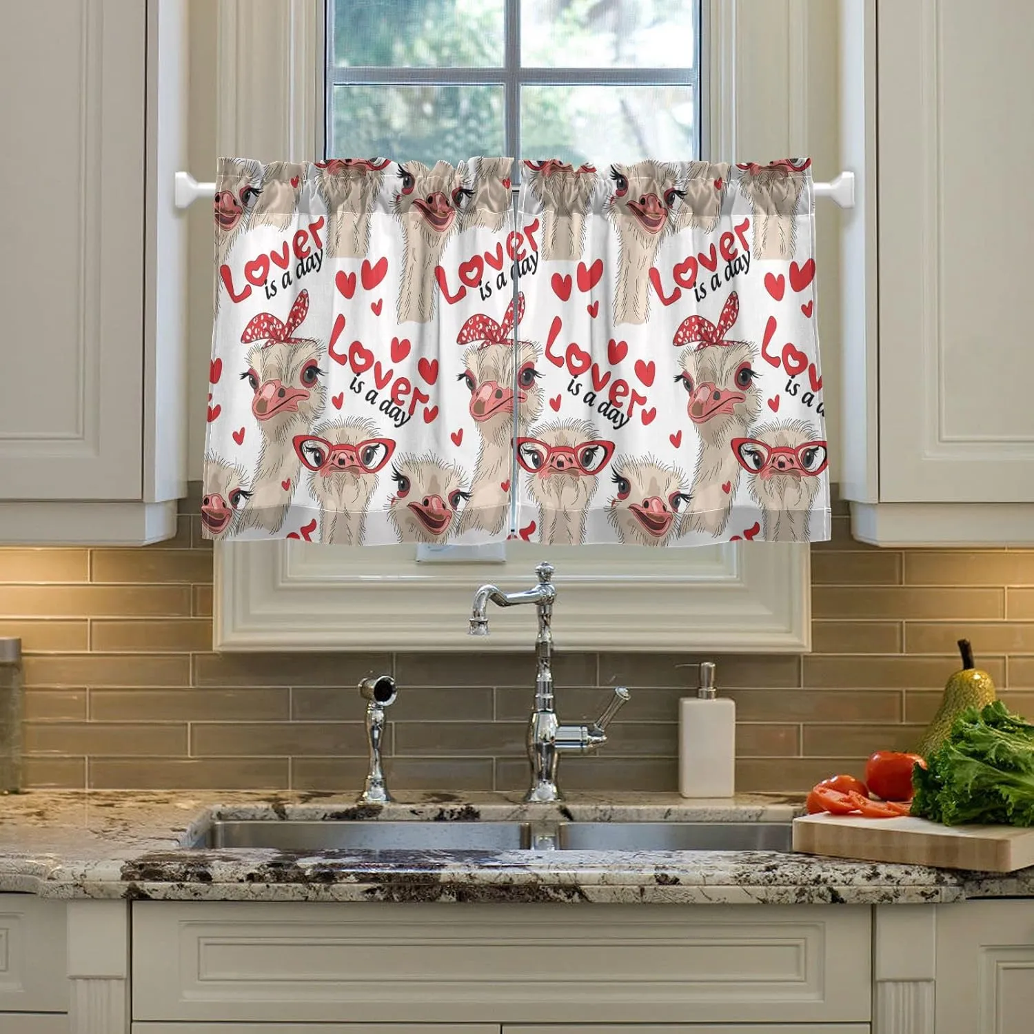 Ostriches with Red Glasses Hairpins Lover is a Day Letterings 2 Panels Kitchen Small Window Curtains, Tier Curtains Rod Pocket Half Short Curtains Blackout Cafe Drapes One Image 27x36 in