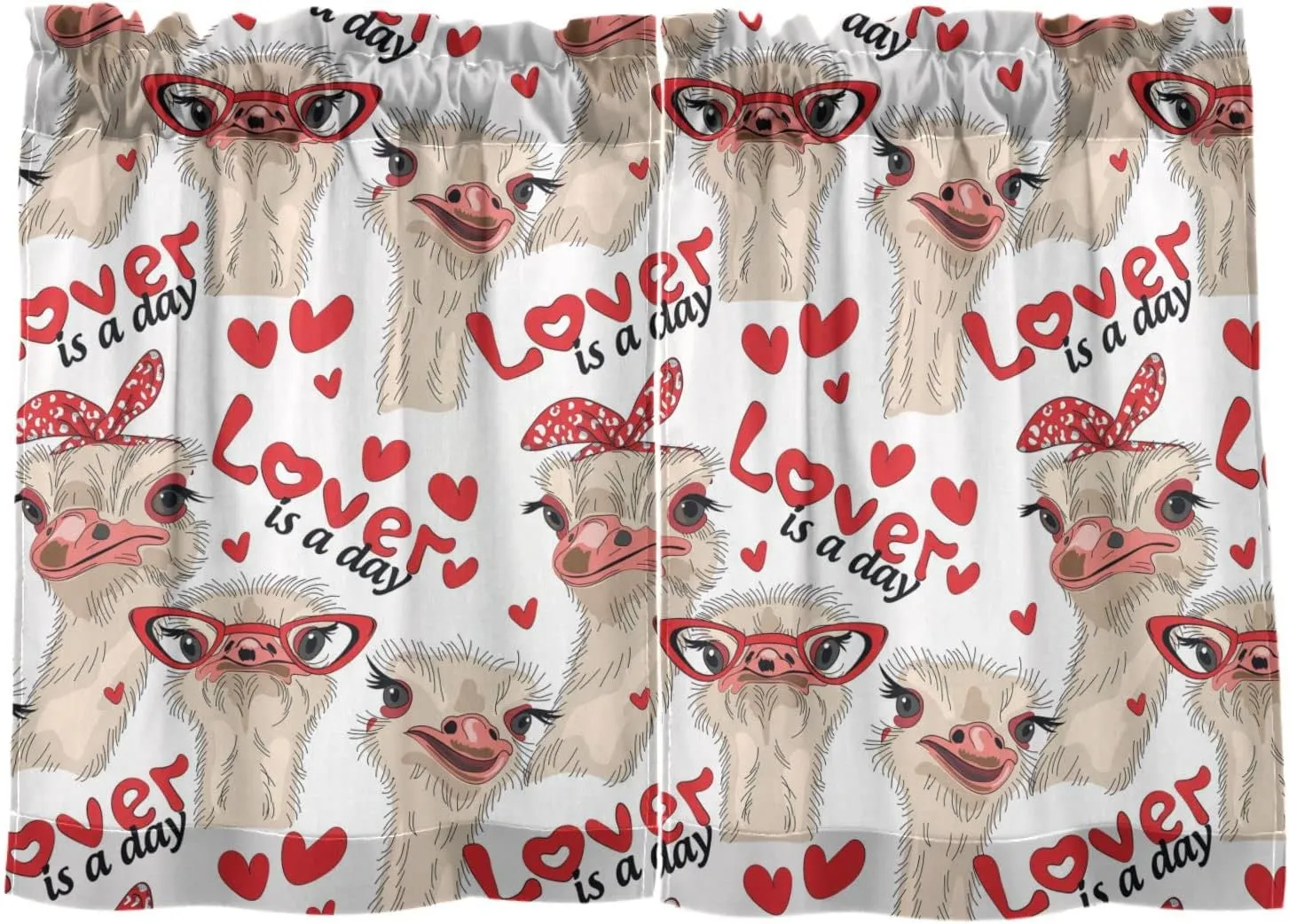 Ostriches with Red Glasses Hairpins Lover is a Day Letterings 2 Panels Kitchen Small Window Curtains, Tier Curtains Rod Pocket Half Short Curtains Blackout Cafe Drapes One Image 27x36 in