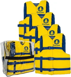 Overton's Universal Adult Life Jacket - Pack of 4, Nylon Shell with Closed-Cell Foam, Open Sides and Sturdy Belts, USCG Approved Type III, Fits Chest Sizes 30" to 52", Includes Zippered Storage Bag