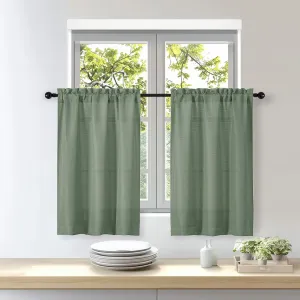 OWENIE Bob Green Kitchen Curtains 36 Inch Length Tier Curtain, Faux Linen Textured Small Cafe Curtains, Light Filtering Short Window Drapes for Bathroom Basement, Each 30W x 36L inch, 2PCS
