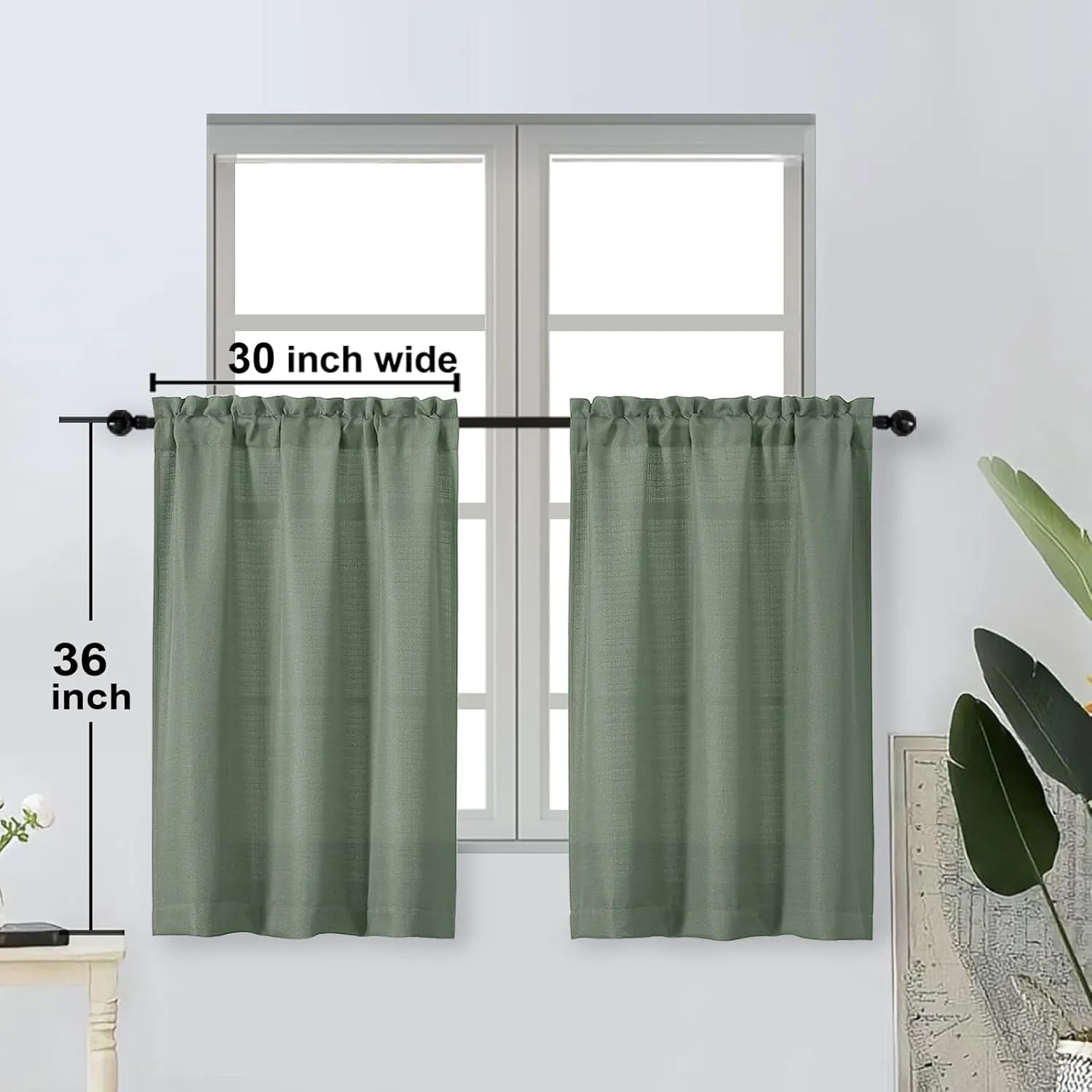 OWENIE Bob Green Kitchen Curtains 36 Inch Length Tier Curtain, Faux Linen Textured Small Cafe Curtains, Light Filtering Short Window Drapes for Bathroom Basement, Each 30W x 36L inch, 2PCS