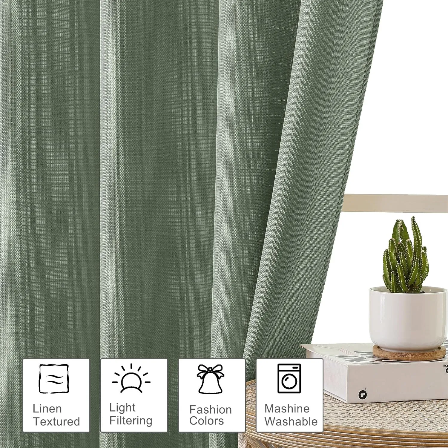 OWENIE Bob Green Kitchen Curtains 36 Inch Length Tier Curtain, Faux Linen Textured Small Cafe Curtains, Light Filtering Short Window Drapes for Bathroom Basement, Each 30W x 36L inch, 2PCS