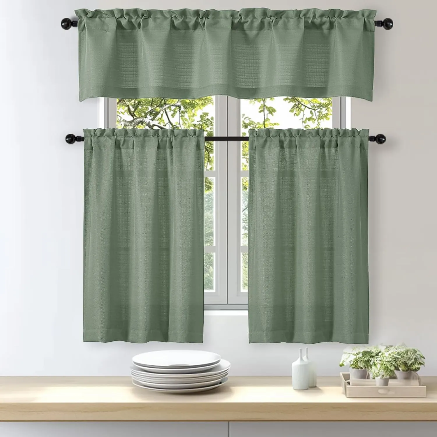 OWENIE Bob Green Kitchen Curtains 36 Inch Length Tier Curtain, Faux Linen Textured Small Cafe Curtains, Light Filtering Short Window Drapes for Bathroom Basement, Each 30W x 36L inch, 2PCS