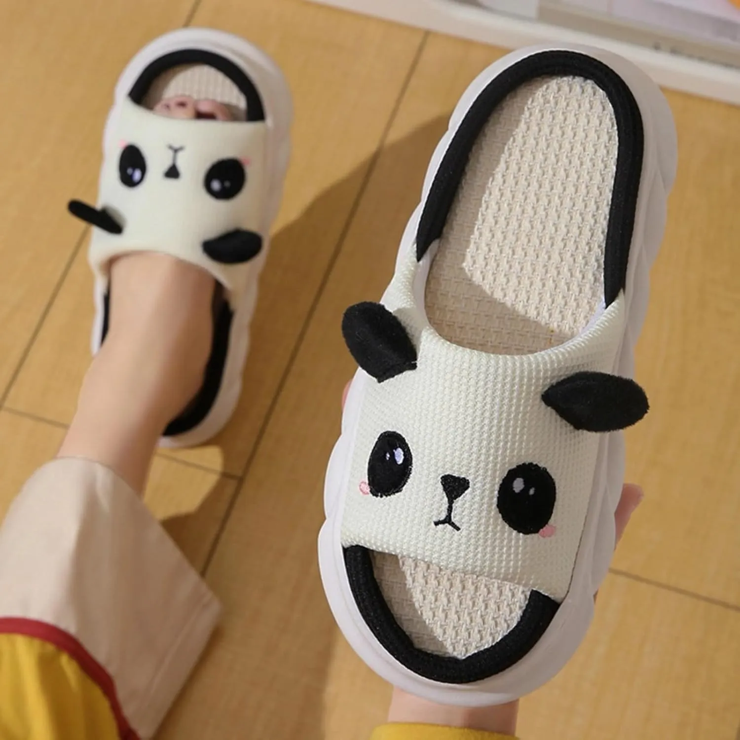 Panda Slippers for Women Men Indoor Couple Linen Slippers Cute Cartoon Panda Animal Slides Sandals Adult Mens Cow Home Slippers Comfy House Slippers Outdoor Shoes Non-Slip Slippers