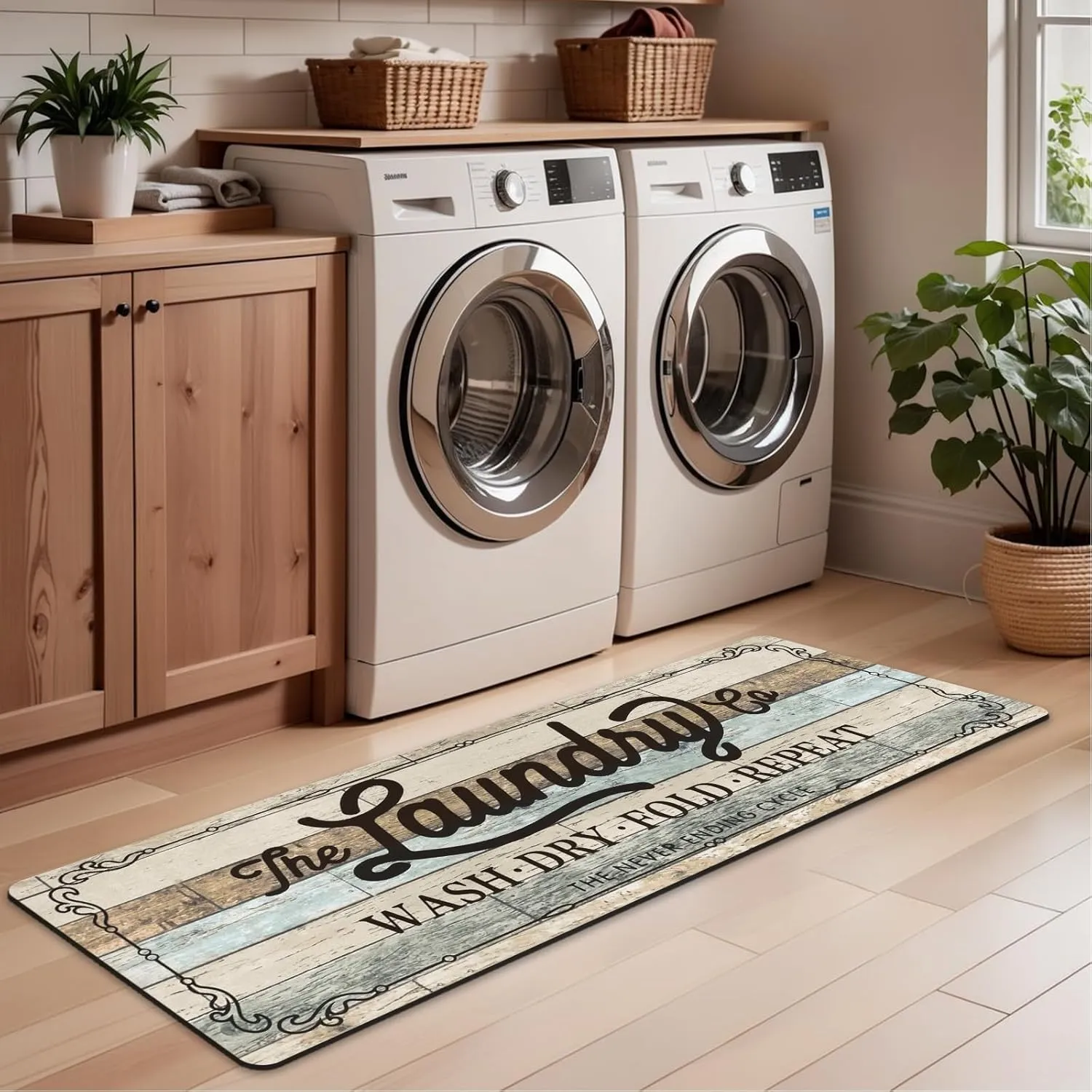 Pauwer Farmhouse Laundry Room Rug Runner 20"x59" Rubber Non Slip Kitchen Mats for Floor Waterproof Laundry Area Rug Washable Floor Carpet Runner for Entryway Bathroom Hallway Mudroom