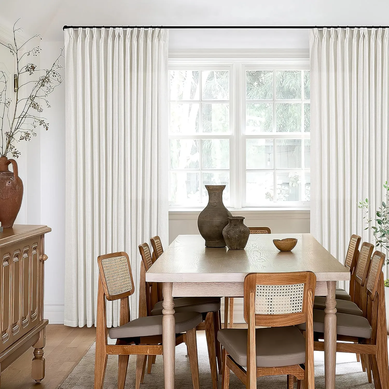 Pinch Pleated Linen Curtains 96 Inches Long for Living Room Bedroom Light Filtering Boho Window Drape 96 inch 2 Panels with Hooks Rings 8ft Cream Beige White Sliding Glass Door Semi Sheer Curtain