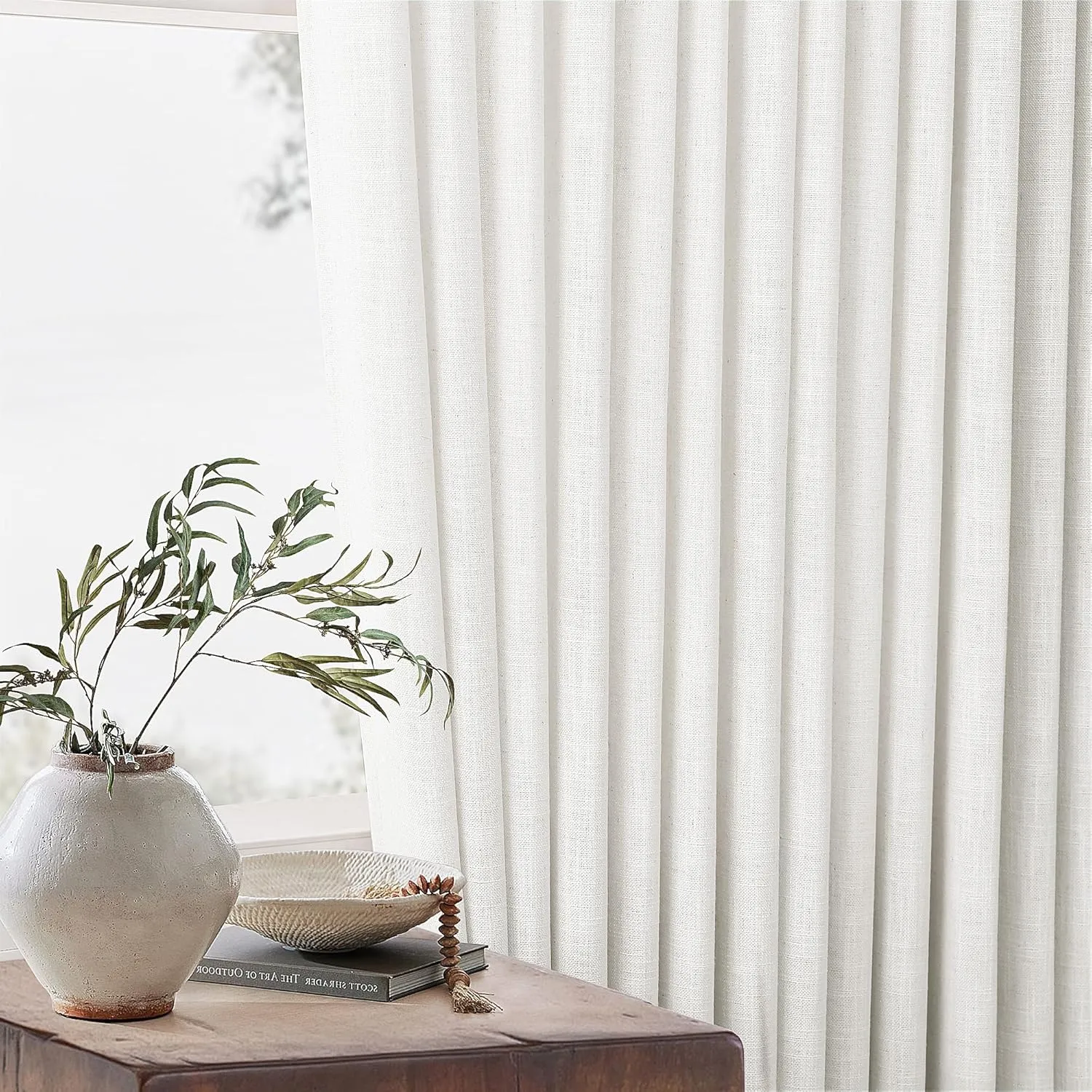 Pinch Pleated Linen Curtains 96 Inches Long for Living Room Bedroom Light Filtering Boho Window Drape 96 inch 2 Panels with Hooks Rings 8ft Cream Beige White Sliding Glass Door Semi Sheer Curtain