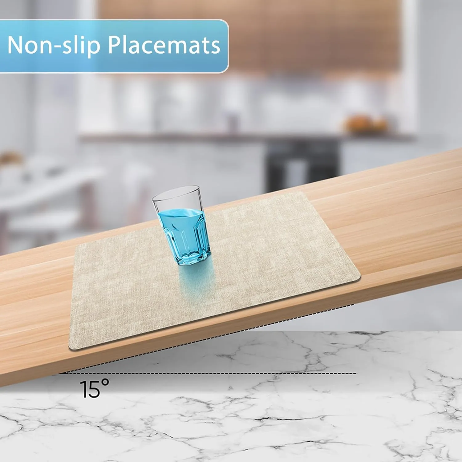 Placemats Set of 4 Washable, Heat Resistant Table Placemats Wipeable Faux Leather Place Mats Non Slip, Waterproof Square Table Mats for Indoor Outdoor, Beige