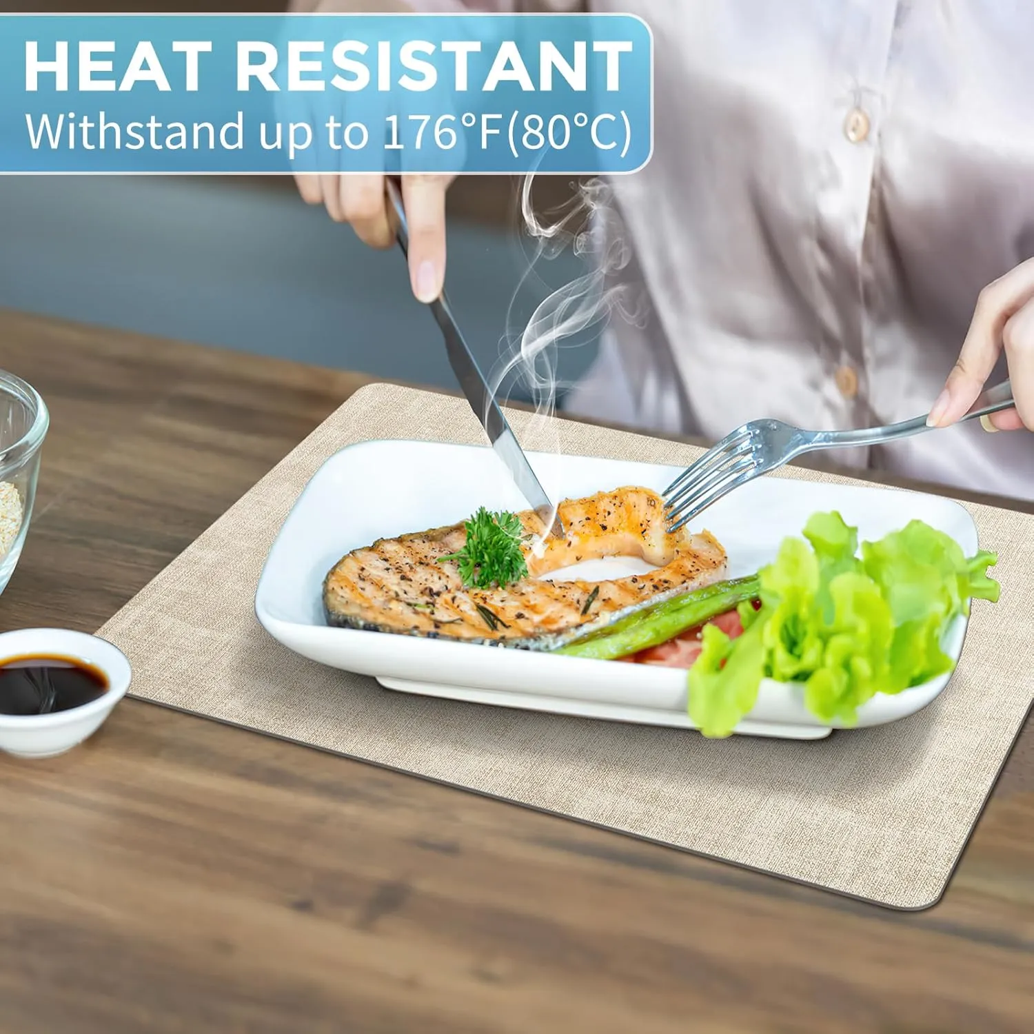 Placemats Set of 4 Washable, Heat Resistant Table Placemats Wipeable Faux Leather Place Mats Non Slip, Waterproof Square Table Mats for Indoor Outdoor, Beige