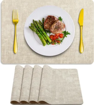 Placemats Set of 4 Washable, Heat Resistant Table Placemats Wipeable Faux Leather Place Mats Non Slip, Waterproof Square Table Mats for Indoor Outdoor, Beige