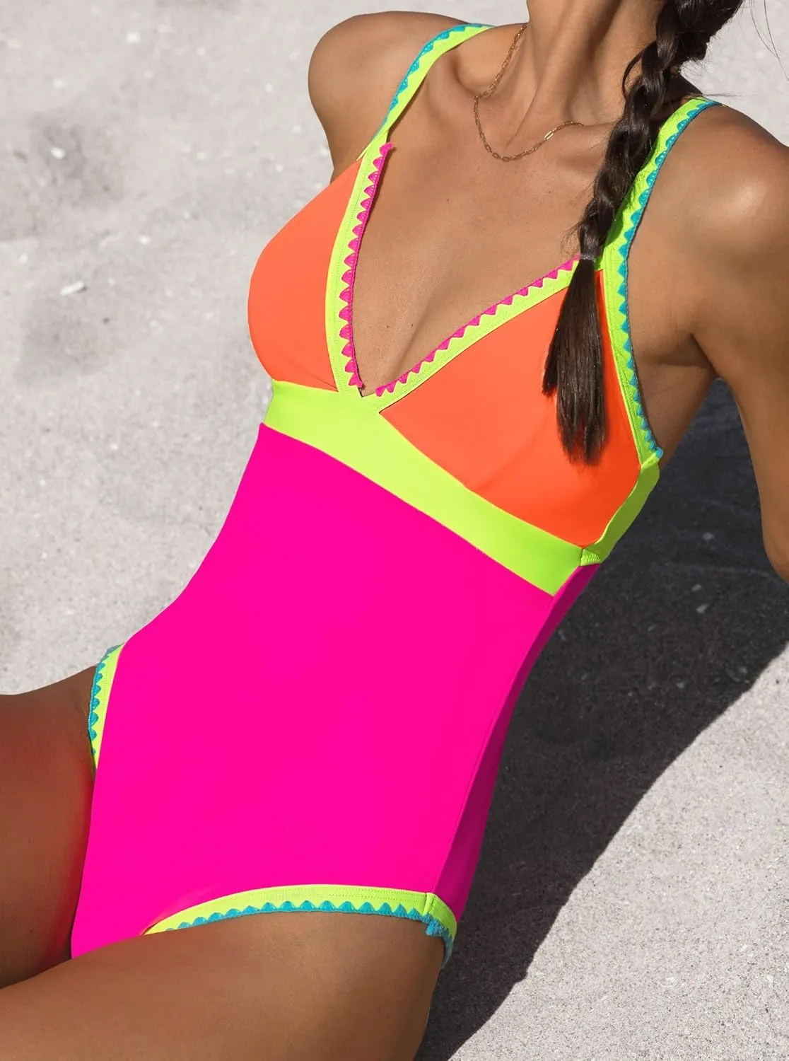 popvil One Piece Swimsuit 2025 Tummy Control Women Bathing Suit Shapewear Swimsuits Slimming Neon Cute Tie Back Swimwear
