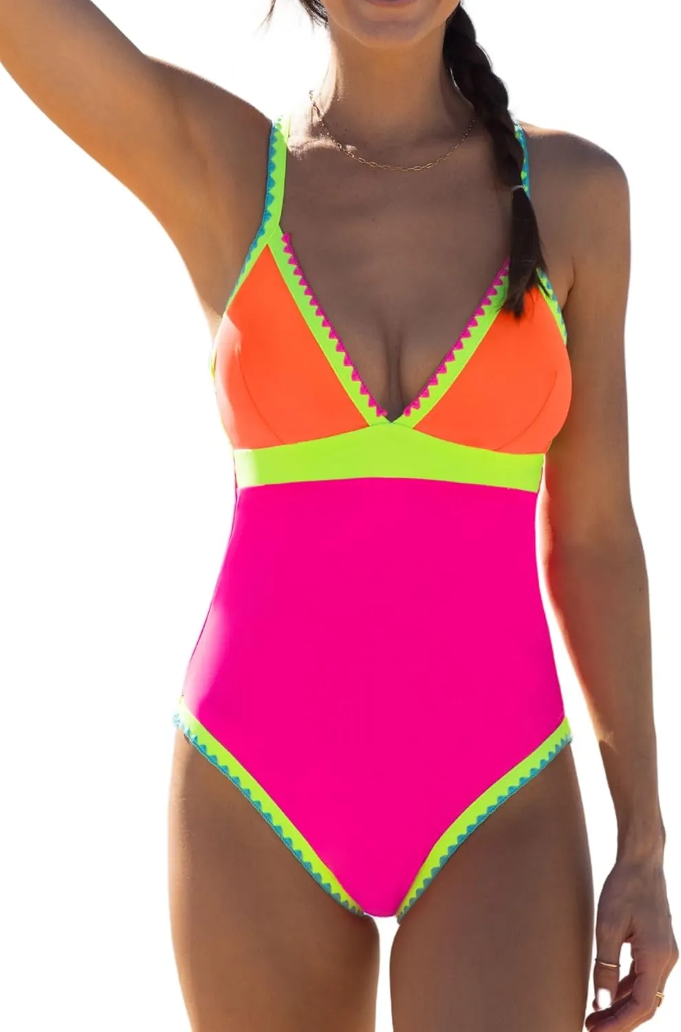 popvil One Piece Swimsuit 2025 Tummy Control Women Bathing Suit Shapewear Swimsuits Slimming Neon Cute Tie Back Swimwear