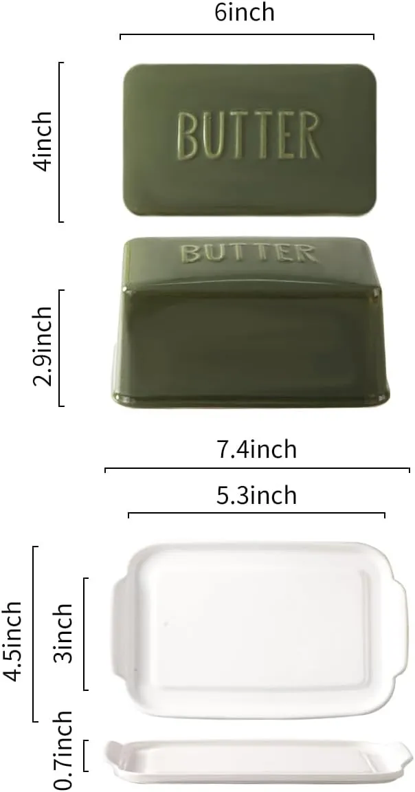 Porcelain Covered Butter Dish with Lid for Countertop Butter Holder Container for One Stick of Butter. Textured Tray Butter Keeper for Non Slip Storage-GREEN BIG