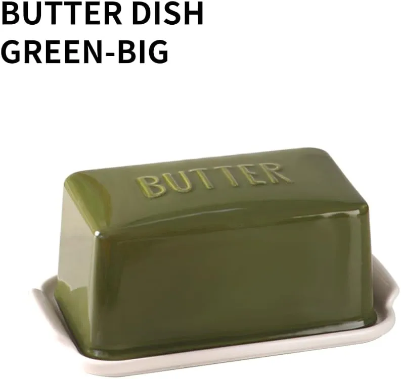 Porcelain Covered Butter Dish with Lid for Countertop Butter Holder Container for One Stick of Butter. Textured Tray Butter Keeper for Non Slip Storage-GREEN BIG