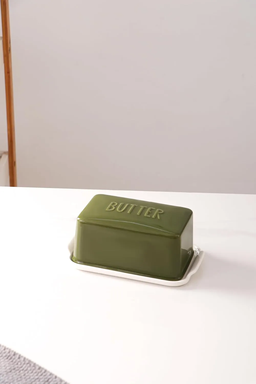 Porcelain Covered Butter Dish with Lid for Countertop Butter Holder Container for One Stick of Butter. Textured Tray Butter Keeper for Non Slip Storage-GREEN BIG