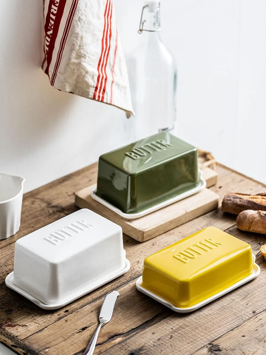Porcelain Covered Butter Dish with Lid for Countertop Butter Holder Container for One Stick of Butter. Textured Tray Butter Keeper for Non Slip Storage-GREEN BIG