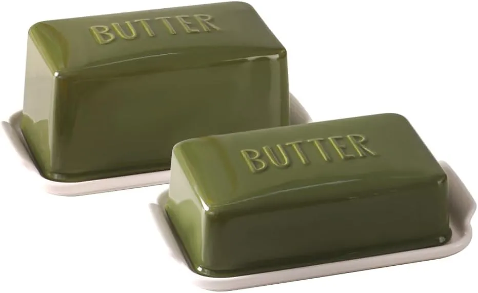 Porcelain Covered Butter Dish with Lid for Countertop Butter Holder Container for One Stick of Butter. Textured Tray Butter Keeper for Non Slip Storage-GREEN BIG