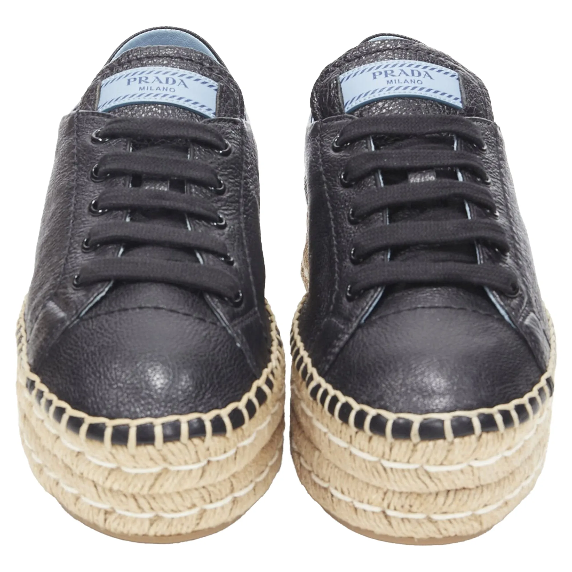 Prada Leather Signature Tab Double Jute Platform Espadrille
