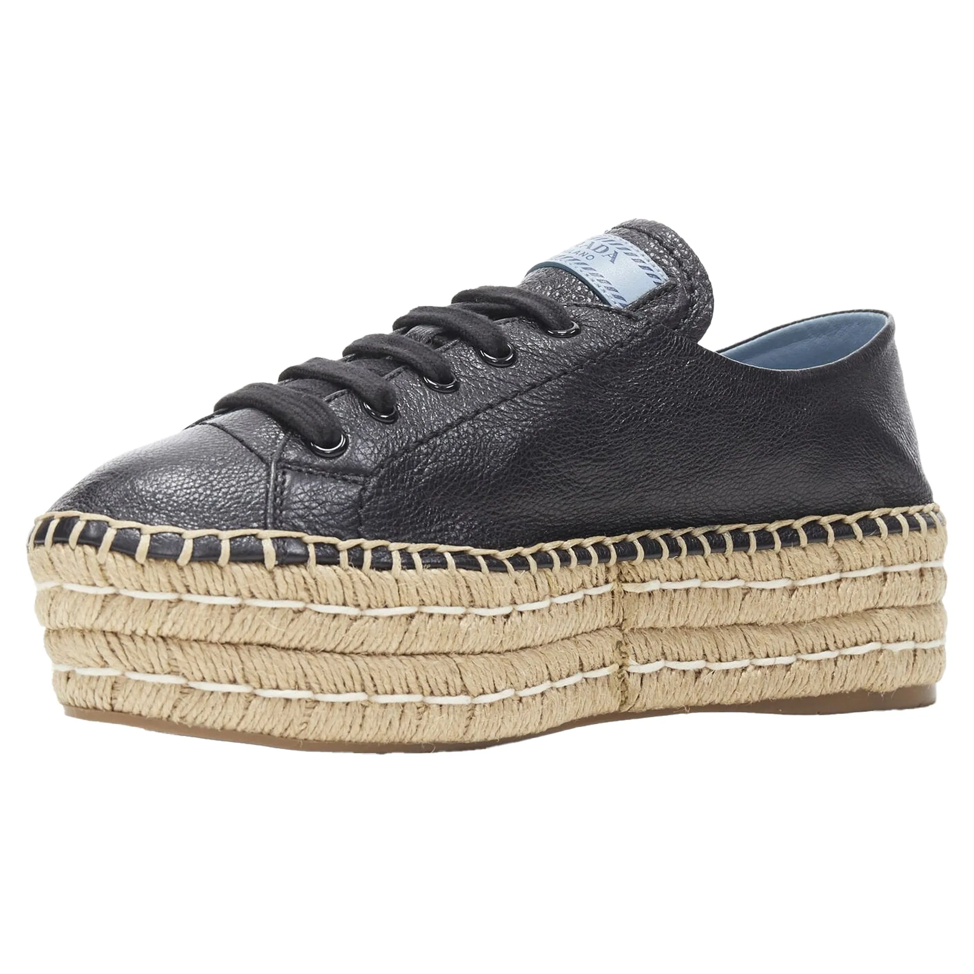 Prada Leather Signature Tab Double Jute Platform Espadrille