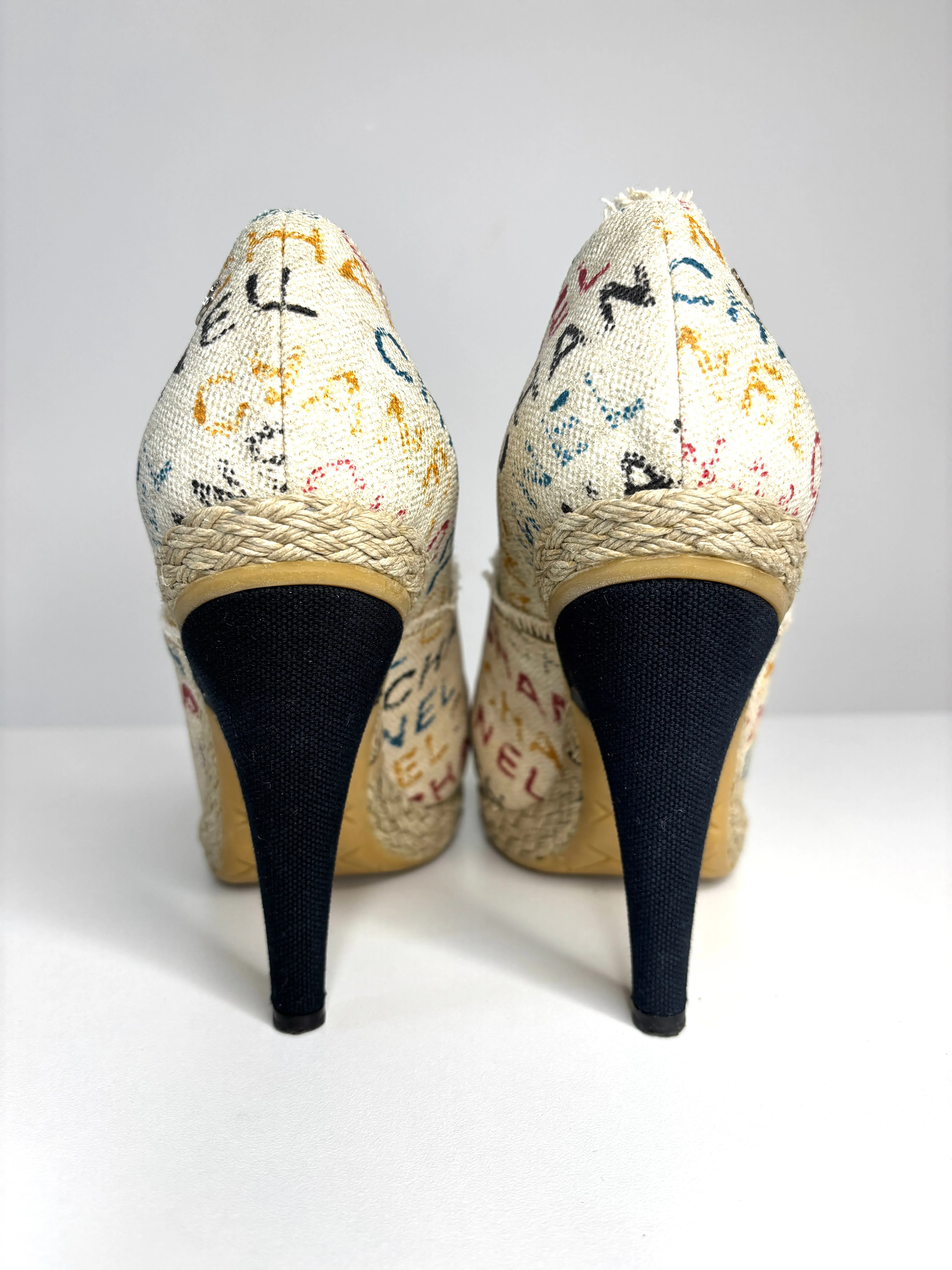 Pre-loved Chanel Cream/Black Logo Printed Canvas Espadrille Heels Booties 39.5 UK6.5 - Preloved