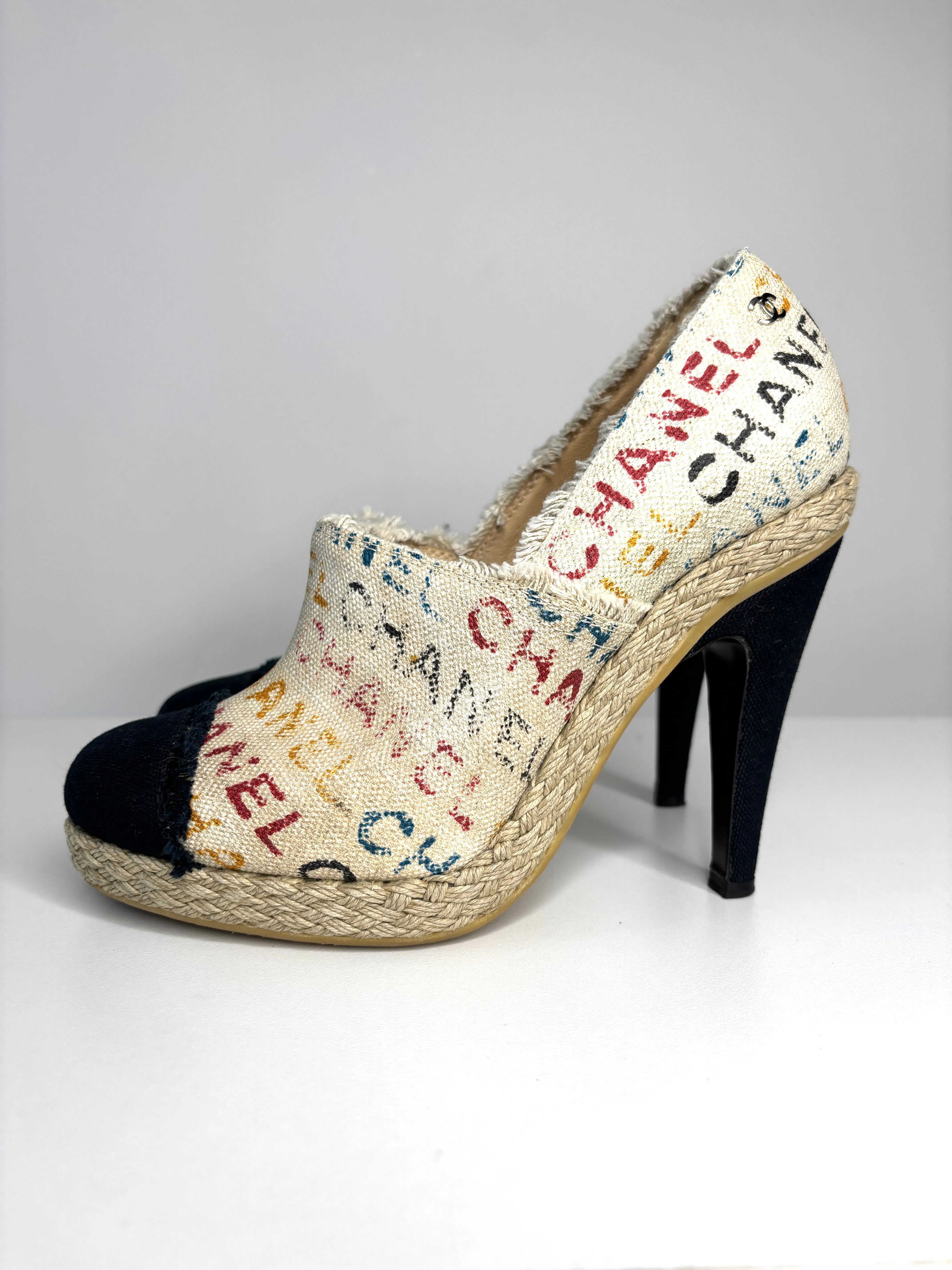 Pre-loved Chanel Cream/Black Logo Printed Canvas Espadrille Heels Booties 39.5 UK6.5 - Preloved