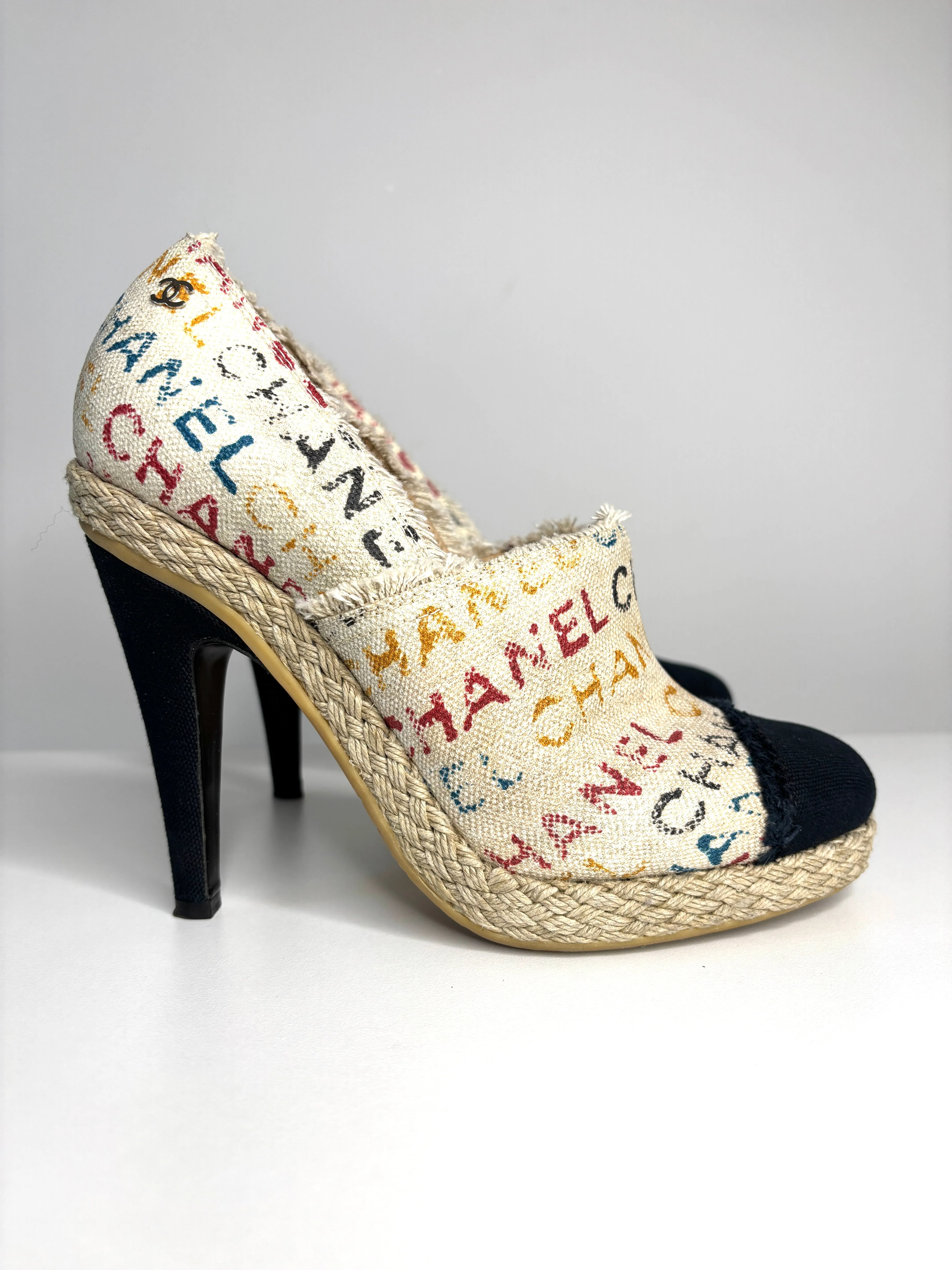 Pre-loved Chanel Cream/Black Logo Printed Canvas Espadrille Heels Booties 39.5 UK6.5 - Preloved