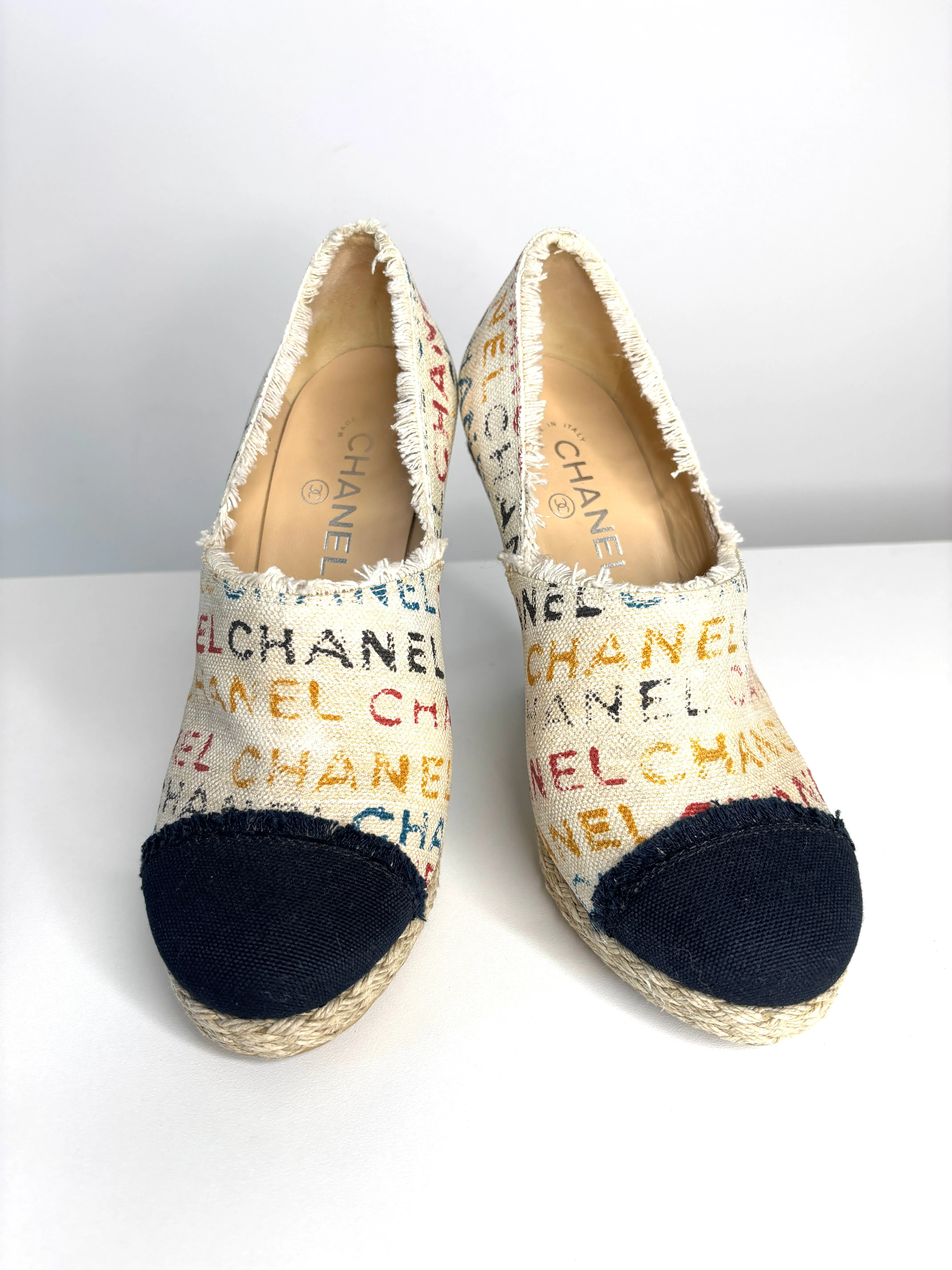 Pre-loved Chanel Cream/Black Logo Printed Canvas Espadrille Heels Booties 39.5 UK6.5 - Preloved