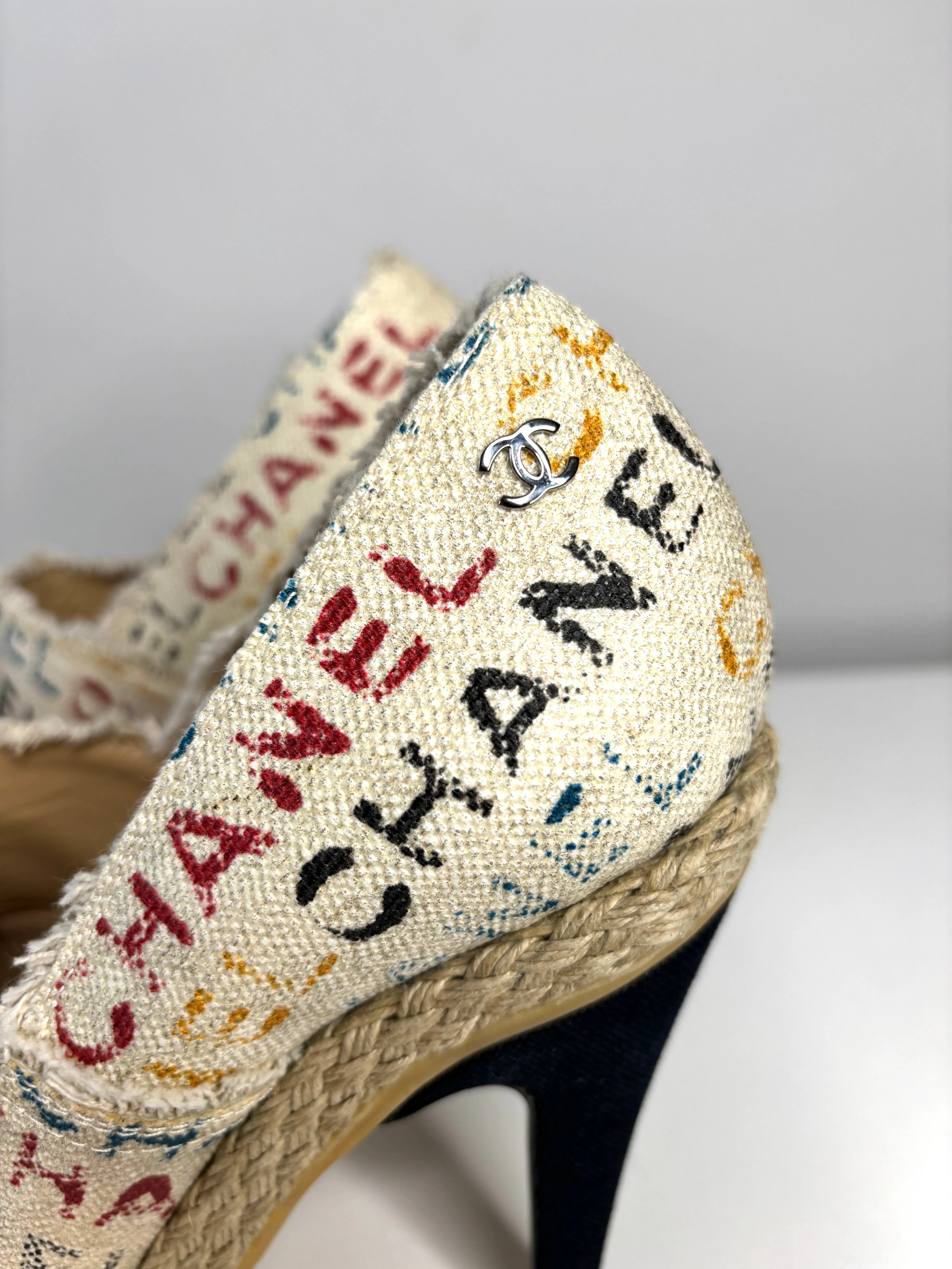 Pre-loved Chanel Cream/Black Logo Printed Canvas Espadrille Heels Booties 39.5 UK6.5 - Preloved