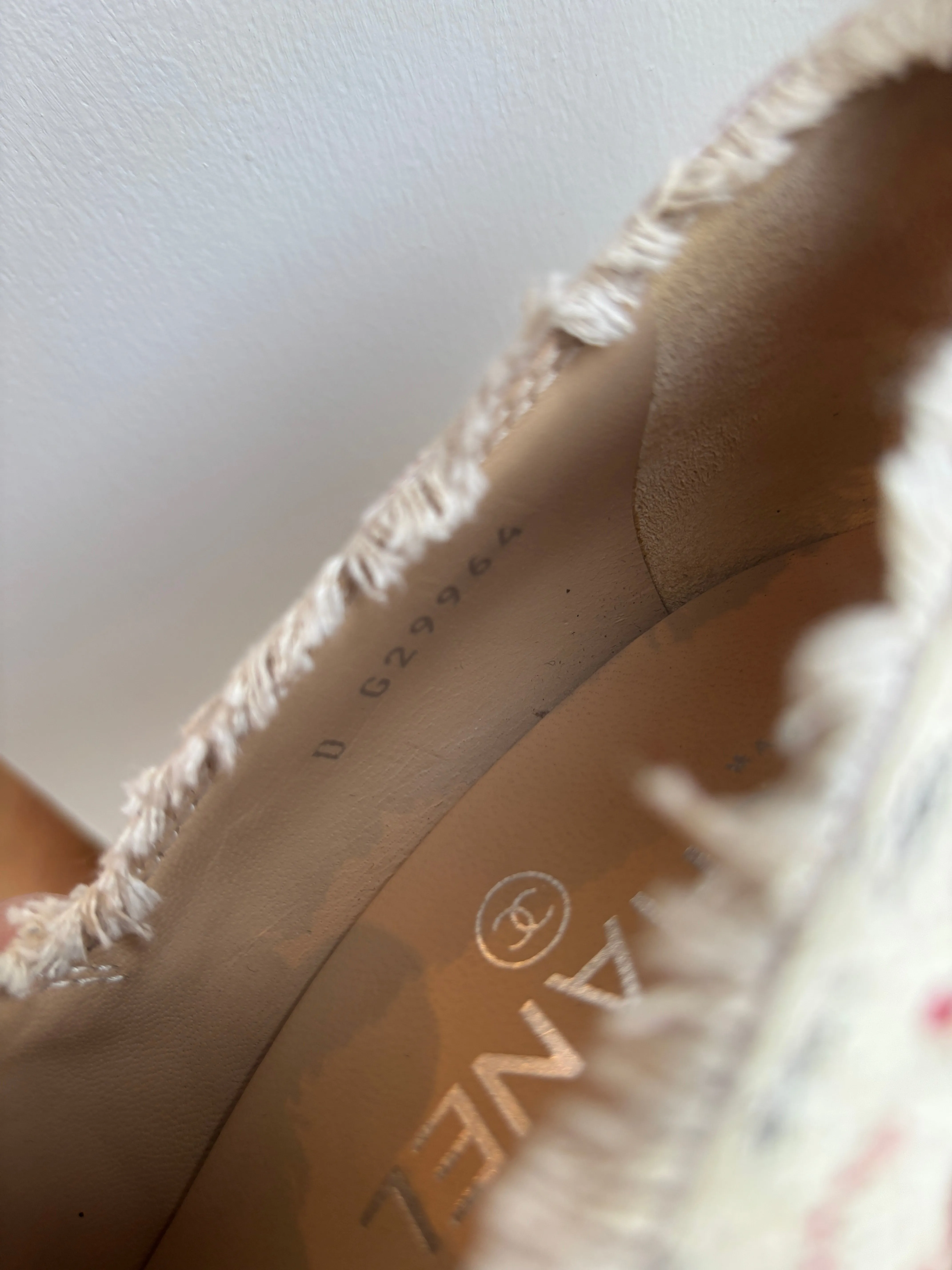 Pre-loved Chanel Cream/Black Logo Printed Canvas Espadrille Heels Booties 39.5 UK6.5 - Preloved
