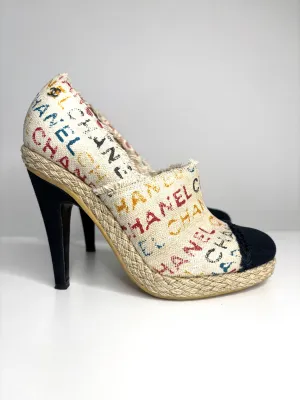Pre-loved Chanel Cream/Black Logo Printed Canvas Espadrille Heels Booties 39.5 UK6.5 - Preloved