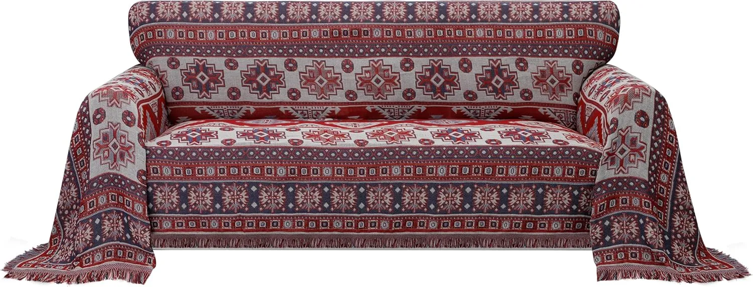PureFit Geometric Jacquard Throw Sofa Cover - Textured Soft Washable Decorative Couch Covers for 3 Cushion Couch, Throw Cover with Tassels Furniture Protector for Pets, Kids (X-Large, Bohemia Red)