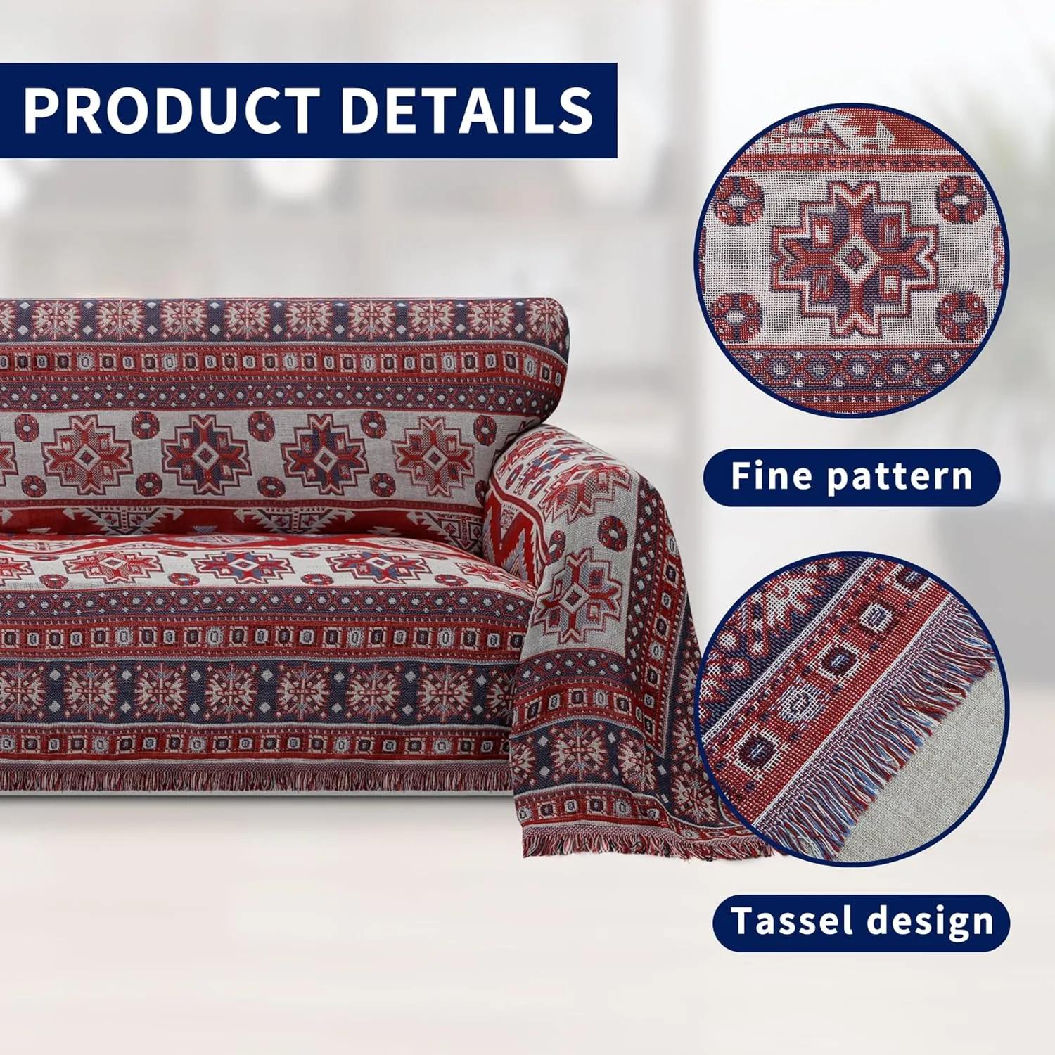 PureFit Geometric Jacquard Throw Sofa Cover - Textured Soft Washable Decorative Couch Covers for 3 Cushion Couch, Throw Cover with Tassels Furniture Protector for Pets, Kids (X-Large, Bohemia Red)