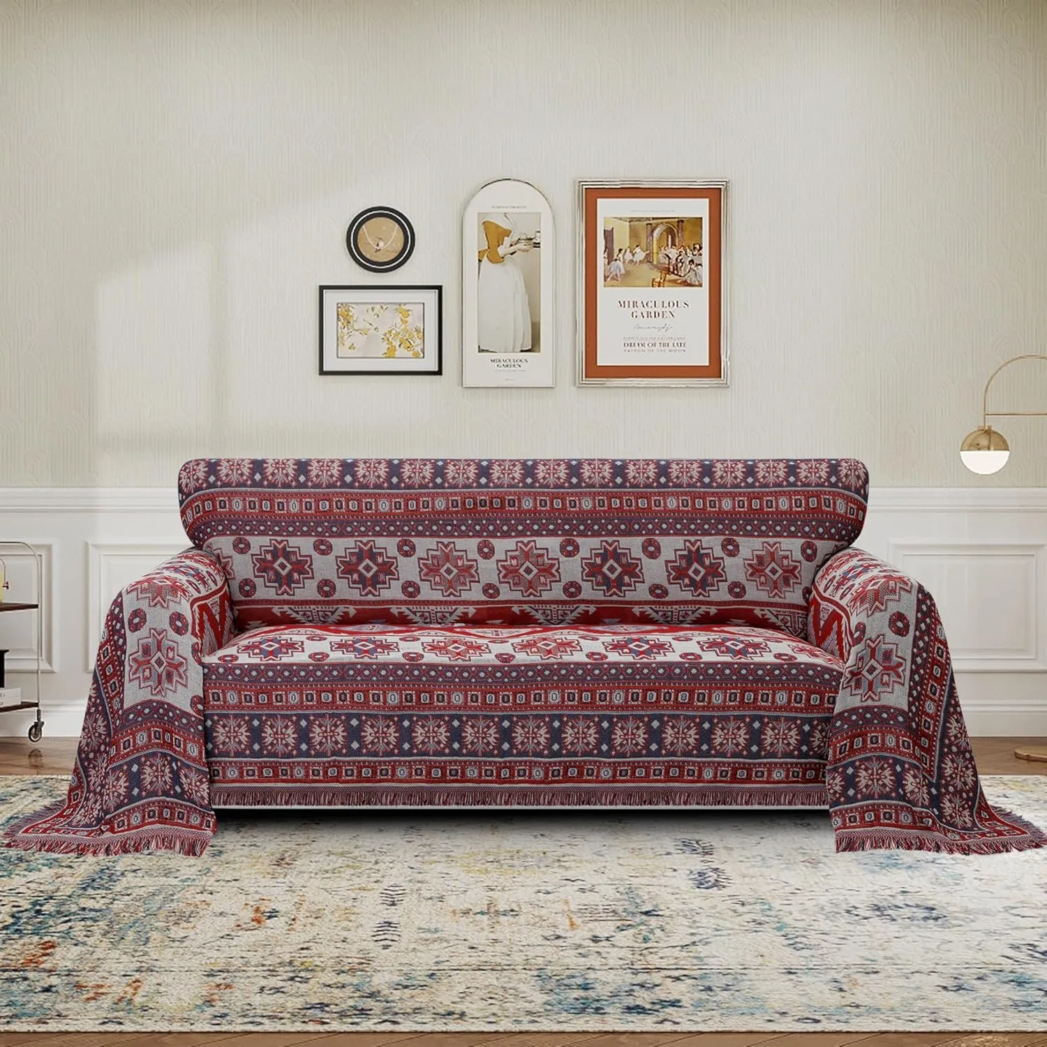 PureFit Geometric Jacquard Throw Sofa Cover - Textured Soft Washable Decorative Couch Covers for 3 Cushion Couch, Throw Cover with Tassels Furniture Protector for Pets, Kids (X-Large, Bohemia Red)