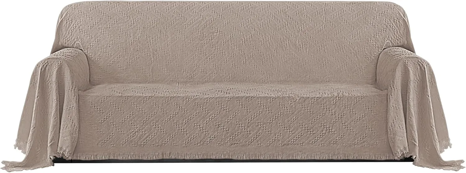 PureFit Geometric Jacquard Throw Sofa Cover - Textured Soft Washable Decorative Couch Covers for 3 Cushion Couch, Throw Cover with Tassels Furniture Protector for Pets, Kids (X-Large, Camel)