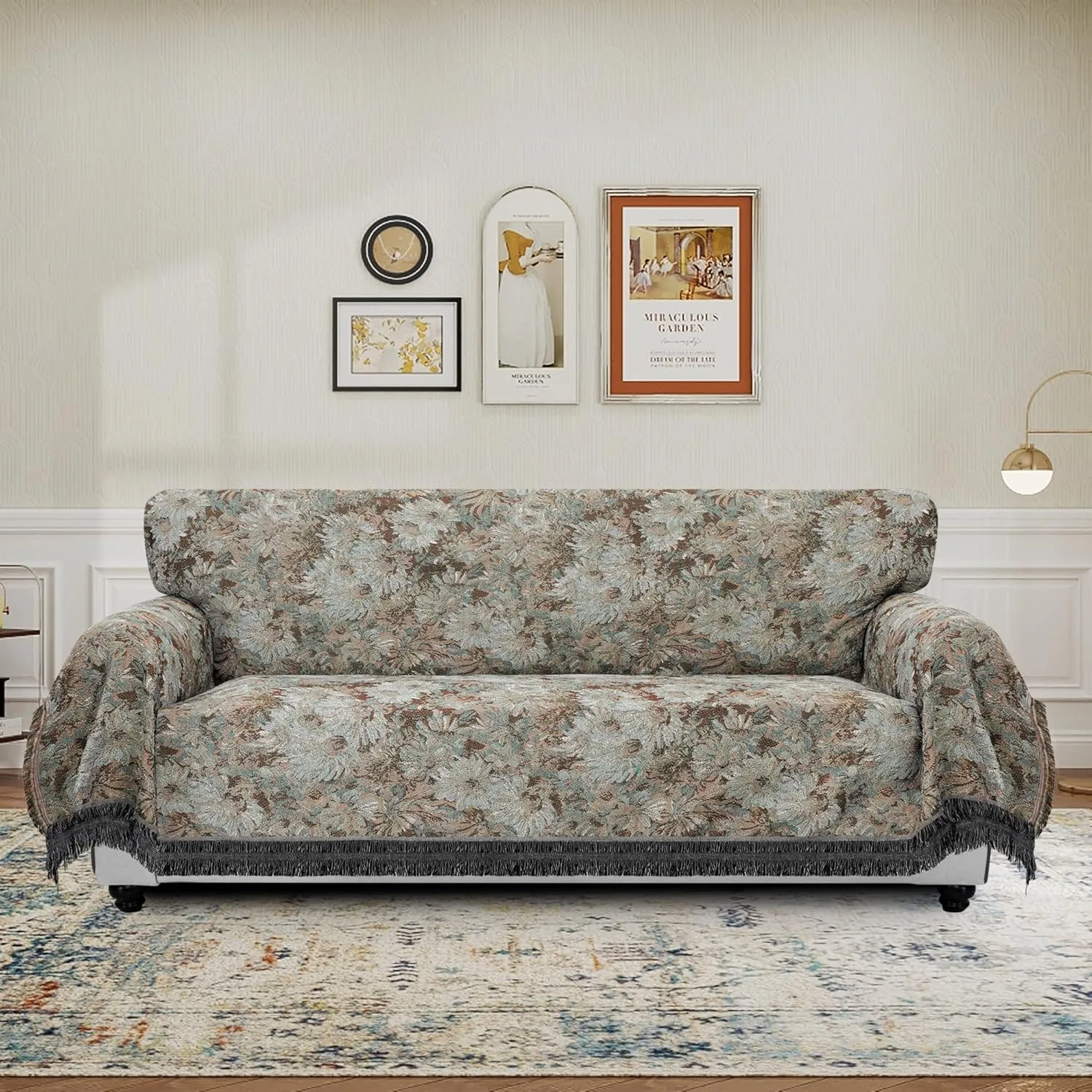 PureFit Geometric Jacquard Throw Sofa Cover - Textured Soft Washable Decorative Couch Covers for 3 Cushion Couch, Throw Cover with Tassels Furniture Protector for Pets, Kids (X-Large, Flower Sage)