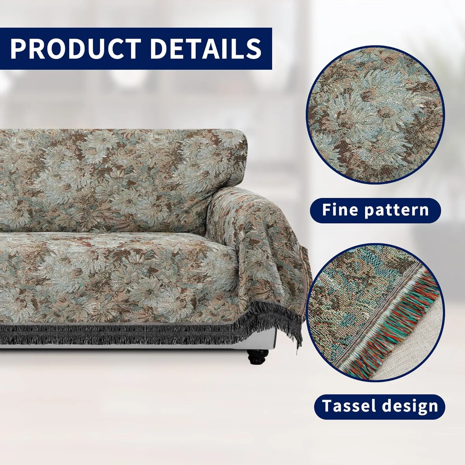 PureFit Geometric Jacquard Throw Sofa Cover - Textured Soft Washable Decorative Couch Covers for 3 Cushion Couch, Throw Cover with Tassels Furniture Protector for Pets, Kids (X-Large, Flower Sage)