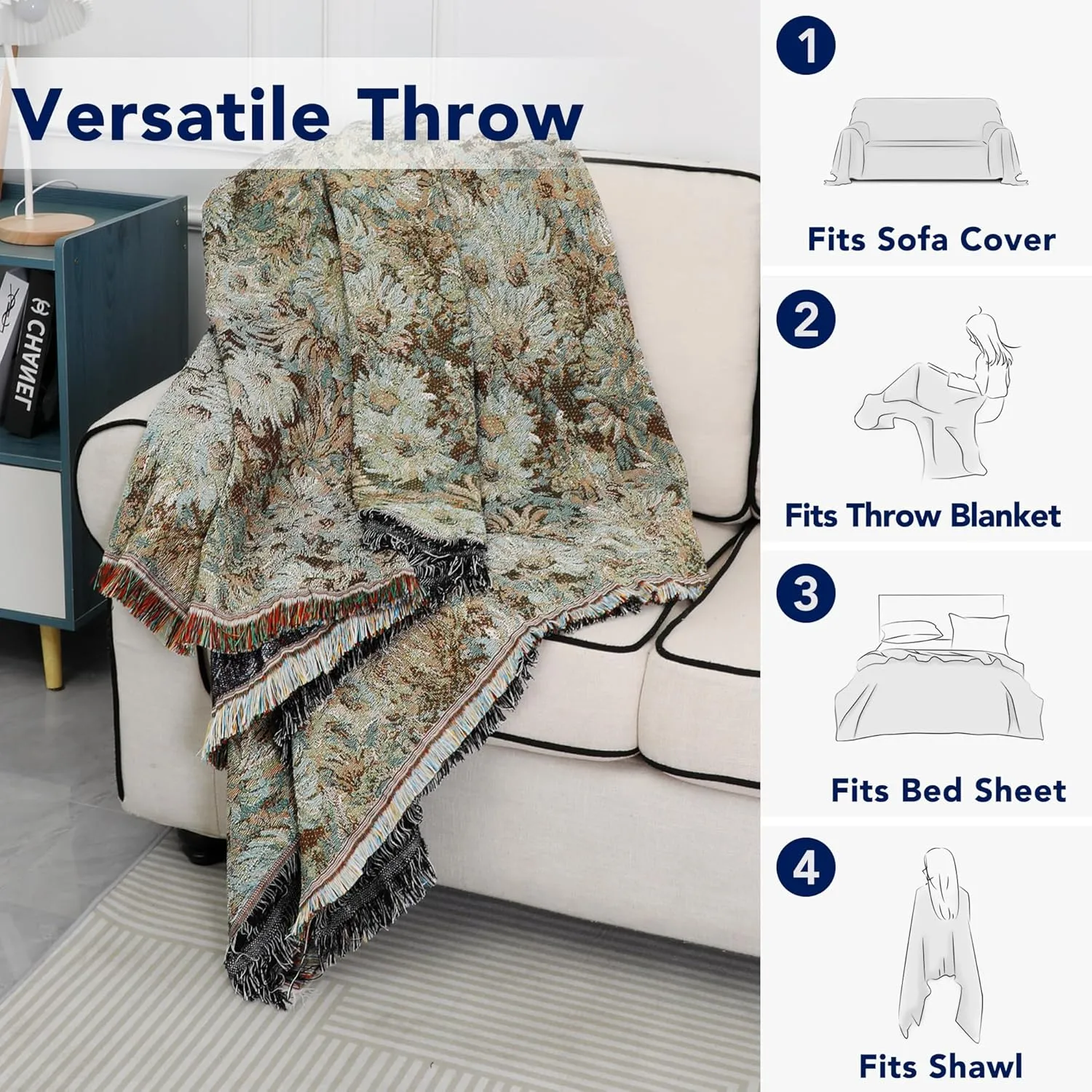 PureFit Geometric Jacquard Throw Sofa Cover - Textured Soft Washable Decorative Couch Covers for 3 Cushion Couch, Throw Cover with Tassels Furniture Protector for Pets, Kids (X-Large, Flower Sage)