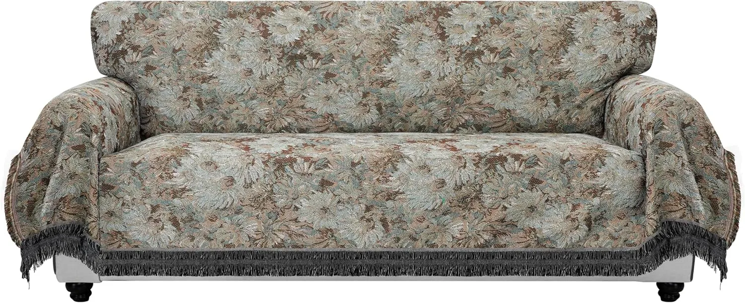 PureFit Geometric Jacquard Throw Sofa Cover - Textured Soft Washable Decorative Couch Covers for 3 Cushion Couch, Throw Cover with Tassels Furniture Protector for Pets, Kids (X-Large, Flower Sage)