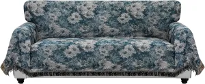 PureFit Geometric Jacquard Throw Sofa Cover - Textured Soft Washable Decorative Couch Covers for 3 Cushion Couch, Throw Cover with Tassels Furniture Protector for Pets (X-Large, Flower Peacock Blue)