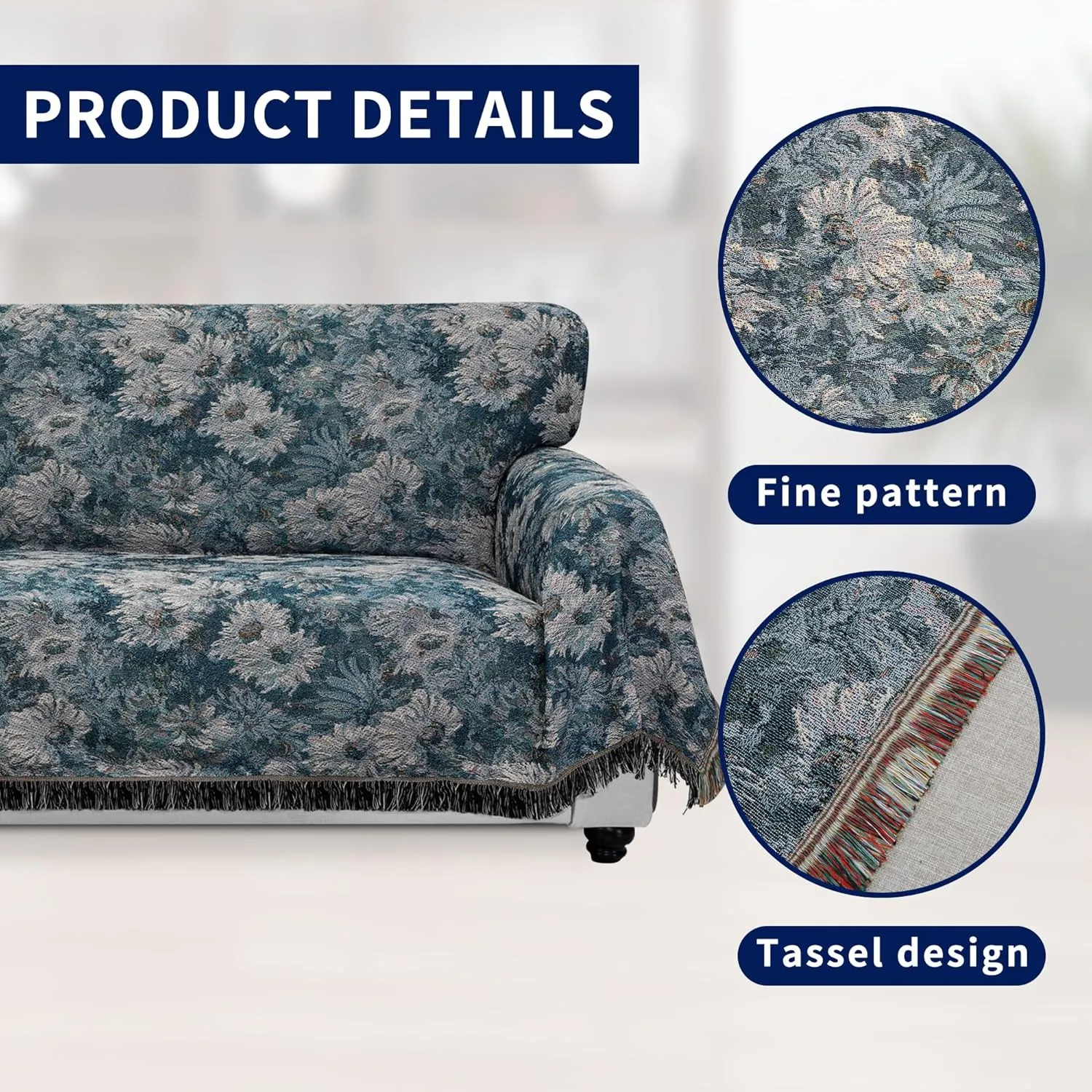 PureFit Geometric Jacquard Throw Sofa Cover - Textured Soft Washable Decorative Couch Covers for 3 Cushion Couch, Throw Cover with Tassels Furniture Protector for Pets (X-Large, Flower Peacock Blue)