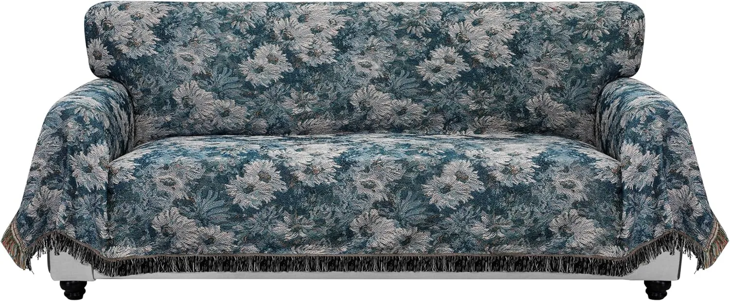 PureFit Geometric Jacquard Throw Sofa Cover - Textured Soft Washable Decorative Couch Covers for 3 Cushion Couch, Throw Cover with Tassels Furniture Protector for Pets (X-Large, Flower Peacock Blue)