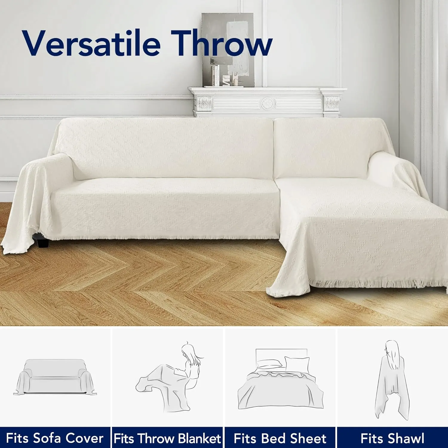 PureFit Geometric Jacquard Throw Sofa Cover - Textured Soft Washable Decorative Couch Covers for 3 Cushion with Tassels Furniture Protector for Pets, Kids (X-Large, Ivory)