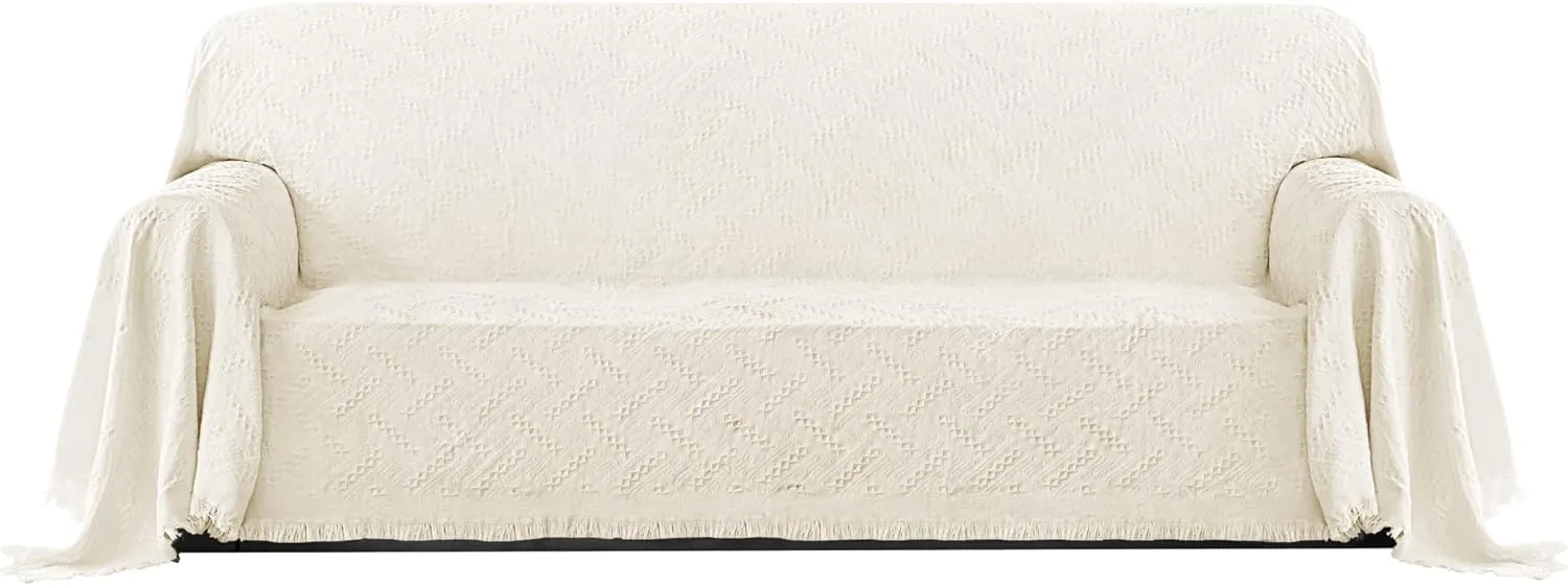 PureFit Geometric Jacquard Throw Sofa Cover - Textured Soft Washable Decorative Couch Covers for 3 Cushion with Tassels Furniture Protector for Pets, Kids (X-Large, Ivory)