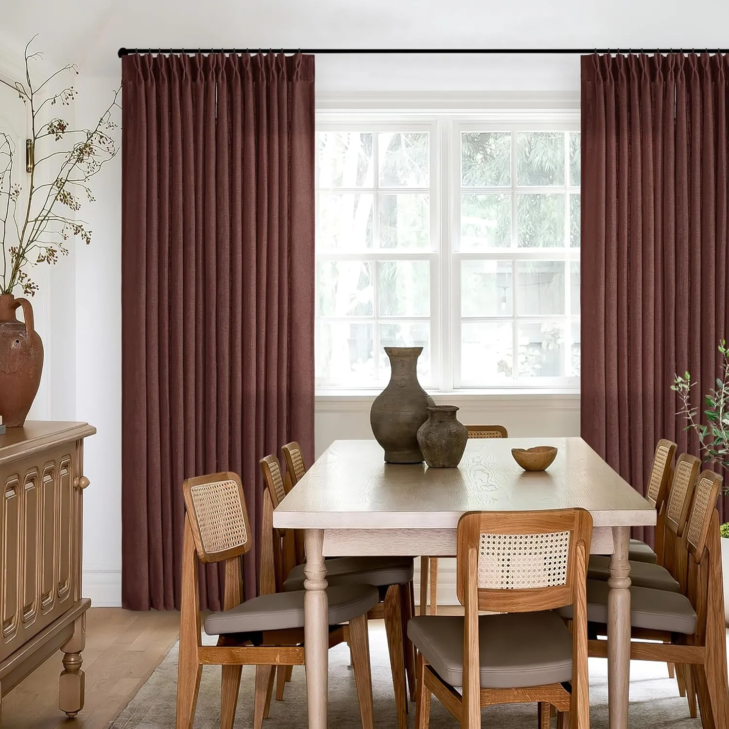 Reddish Brown Linen Pinch Pleated Curtains 96 Inches Long for Living Room Pleated Drapes Back Tab Thick Linen Textured Boho Farmhouse Country Maroon Rust Brown 96 Inch Curtain for Dining Bedroom