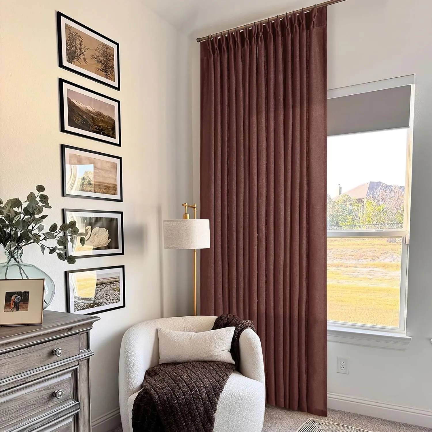 Reddish Brown Linen Pinch Pleated Curtains 96 Inches Long for Living Room Pleated Drapes Back Tab Thick Linen Textured Boho Farmhouse Country Maroon Rust Brown 96 Inch Curtain for Dining Bedroom