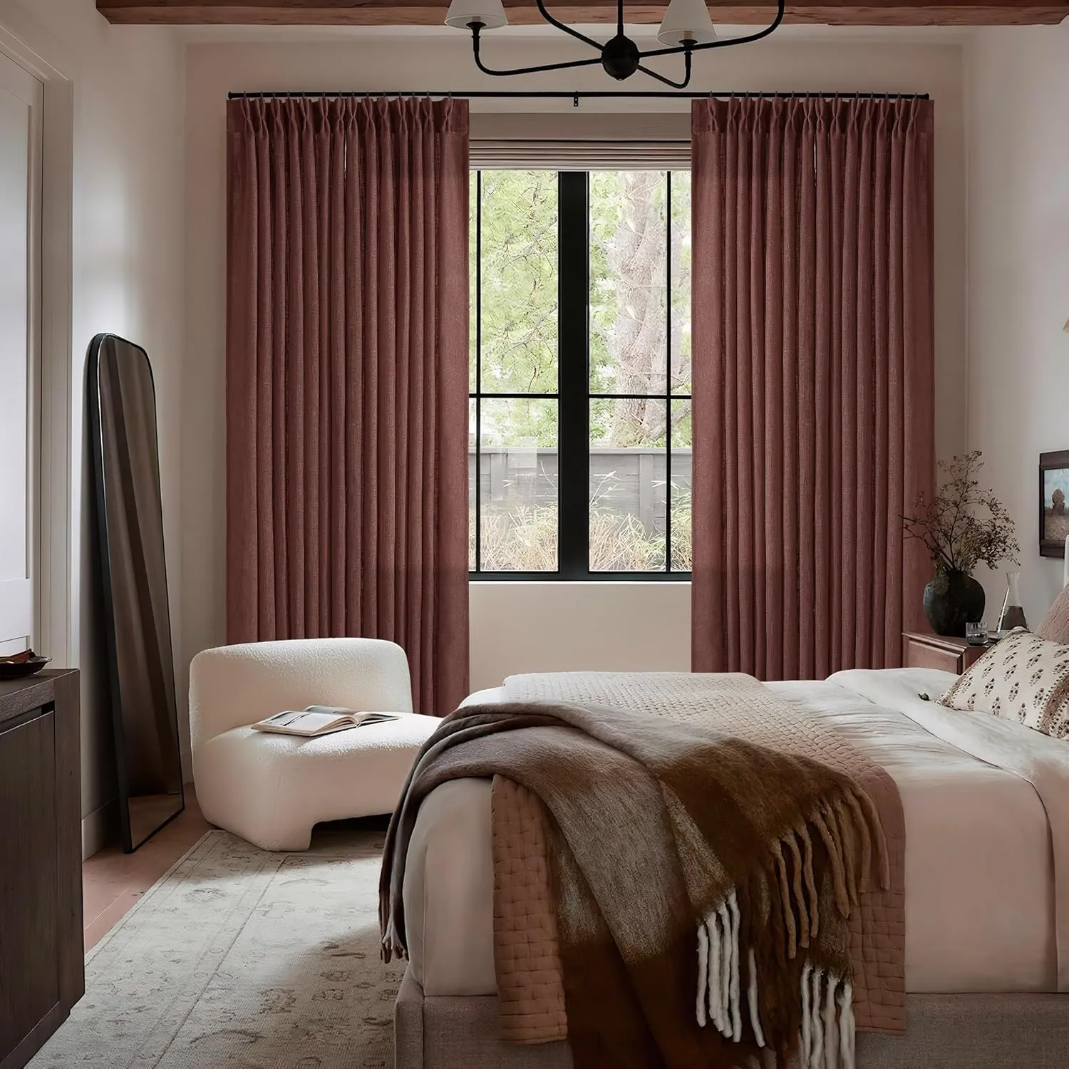 Reddish Brown Linen Pinch Pleated Curtains 96 Inches Long for Living Room Pleated Drapes Back Tab Thick Linen Textured Boho Farmhouse Country Maroon Rust Brown 96 Inch Curtain for Dining Bedroom
